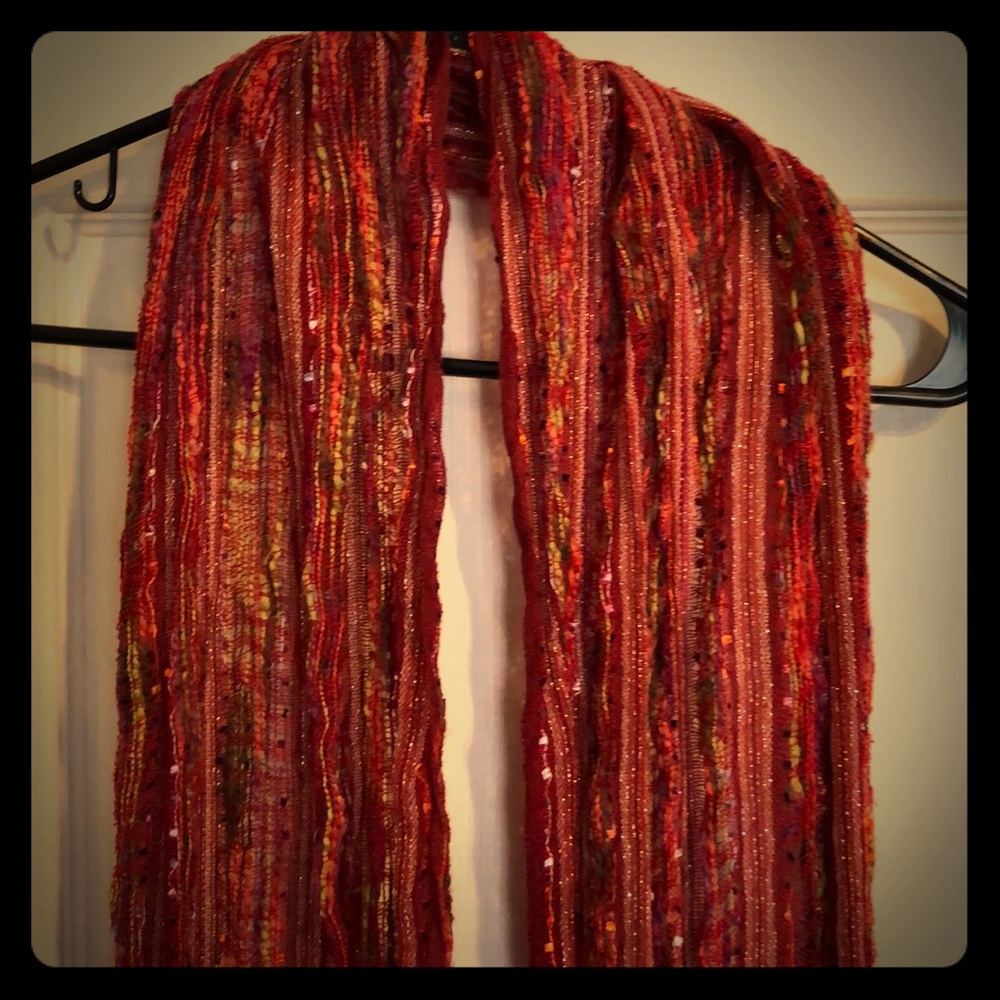 Candie’s knit crochet red multi dot scarf